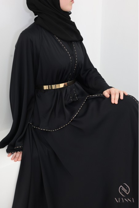 Dubai kimono abaya with ruffles and rhinestones, Eid outfit for hijabi women