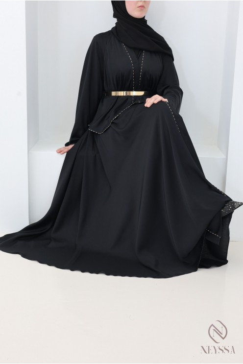 Dubai kimono abaya with ruffles and rhinestones, Eid outfit for hijabi women