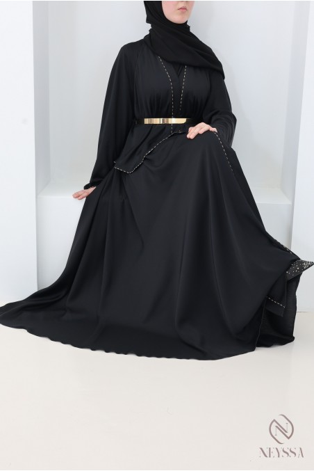 Dubai kimono abaya with ruffles and rhinestones, Eid outfit for hijabi women