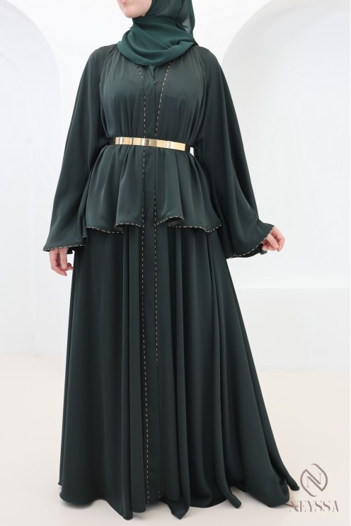 Abaya Dubai Kimono grün mit Strasssteinen, elegantes Outfit für Eid