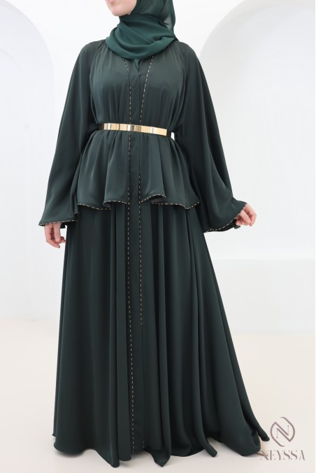 Abaya Dubai Kimono grün mit Strasssteinen, elegantes Outfit für Eid