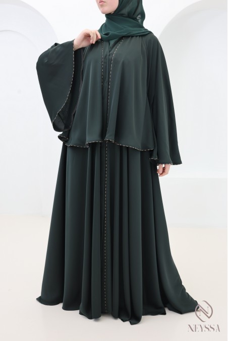 Green Dubai kimono abaya with rhinestones, elegant outfit for Eid