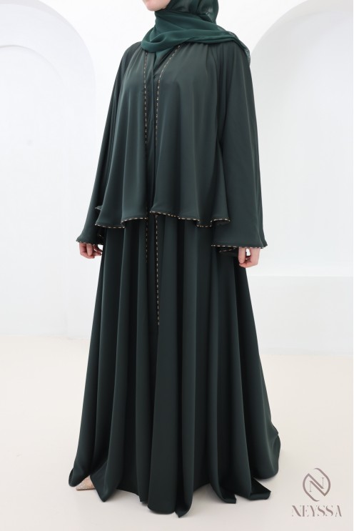 Abaya Dubai Kimono grün mit Strasssteinen, elegantes Outfit für Eid