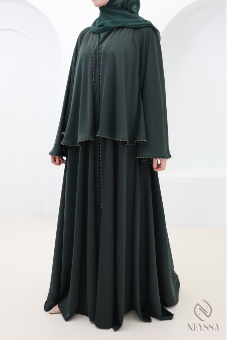 Abaya Dubaï kimono vert avec strass, tenue élégante pour l'Aïd