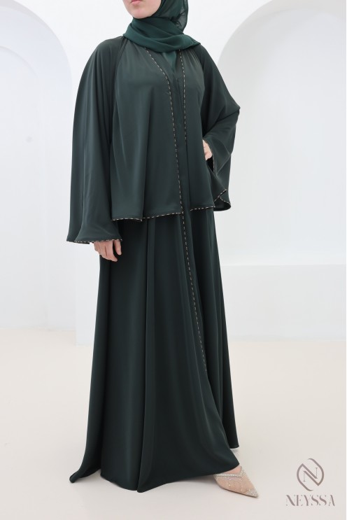 Green Dubai kimono abaya with rhinestones, elegant outfit for Eid