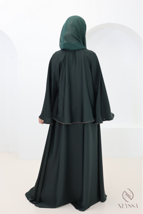 Abaya Dubaï kimono vert avec strass, tenue élégante pour l'Aïd