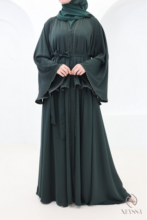 Green Dubai kimono abaya with rhinestones, elegant outfit for Eid
