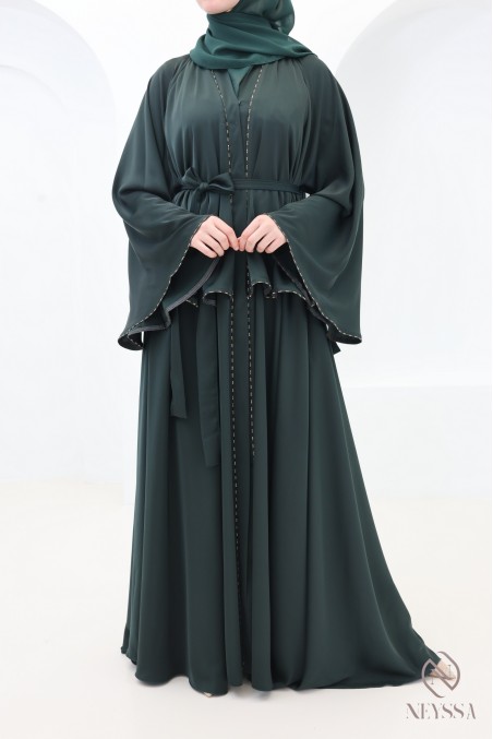 Green Dubai kimono abaya with rhinestones, elegant outfit for Eid
