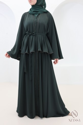 Abaya Dubaï kimono vert avec strass, tenue élégante pour l'Aïd