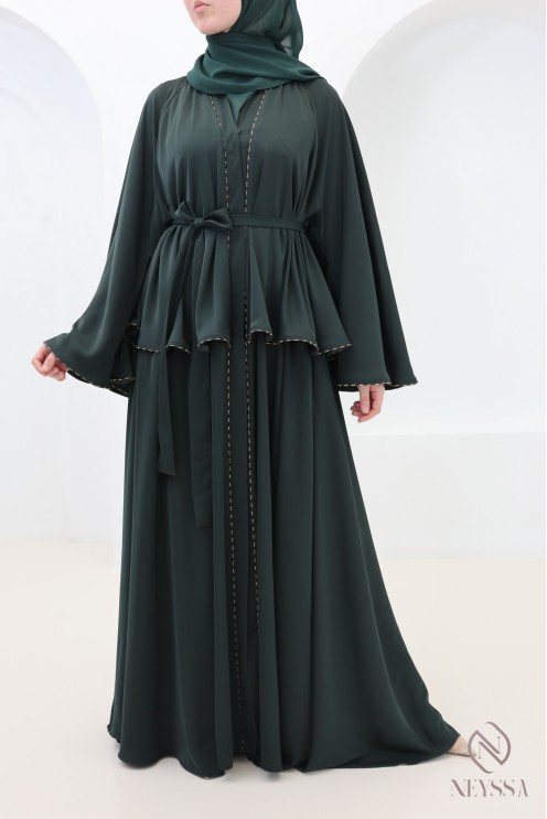 Green Dubai kimono abaya with rhinestones, elegant outfit for Eid