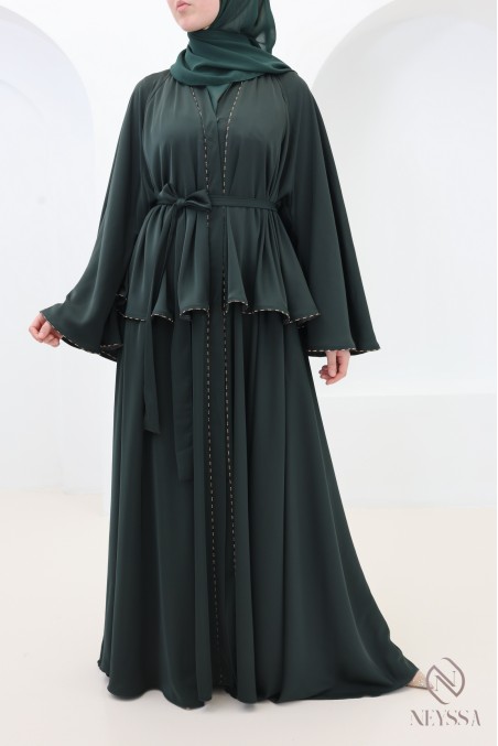 Abaya Dubaï kimono vert avec strass, tenue élégante pour l'Aïd