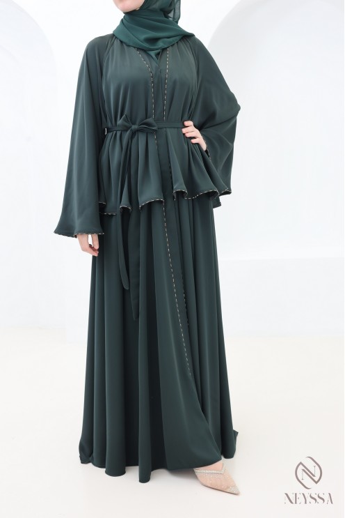 Abaya Dubaï kimono vert avec strass, tenue élégante pour l'Aïd