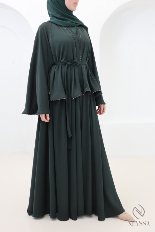 Abaya Dubaï kimono vert avec strass, tenue élégante pour l'Aïd