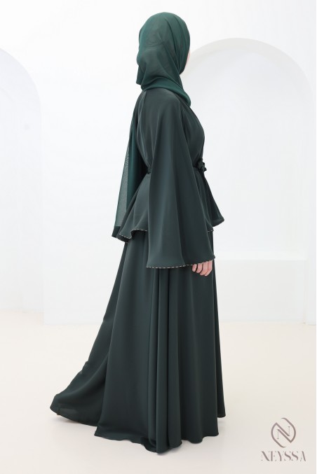 Abaya Dubai Kimono grün mit Strasssteinen, elegantes Outfit für Eid