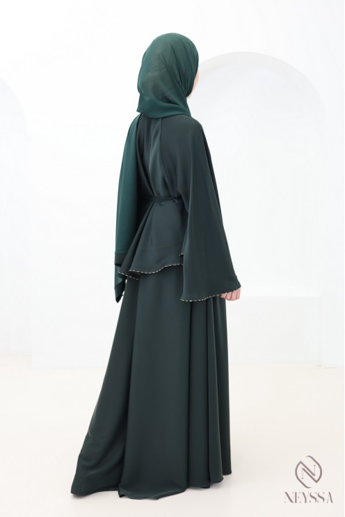 Abaya Dubaï kimono vert avec strass, tenue élégante pour l'Aïd