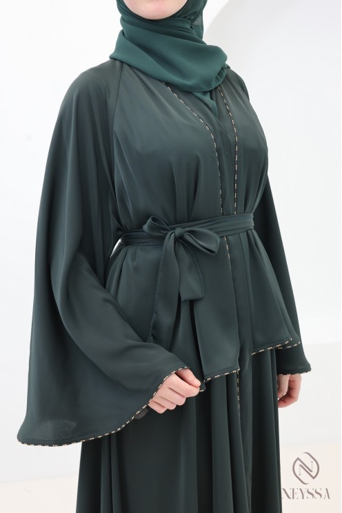 Abaya Dubai Kimono grün mit Strasssteinen, elegantes Outfit für Eid