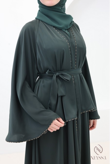 Abaya Dubaï kimono vert avec strass, tenue élégante pour l'Aïd