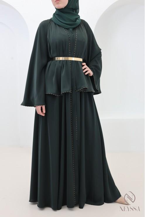 Abaya Dubai Kimono grün mit Strasssteinen, elegantes Outfit für Eid