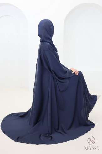 Abaya Dubaï de luxe coupe évasée, bleu nuit avec strass pour l'Aïd