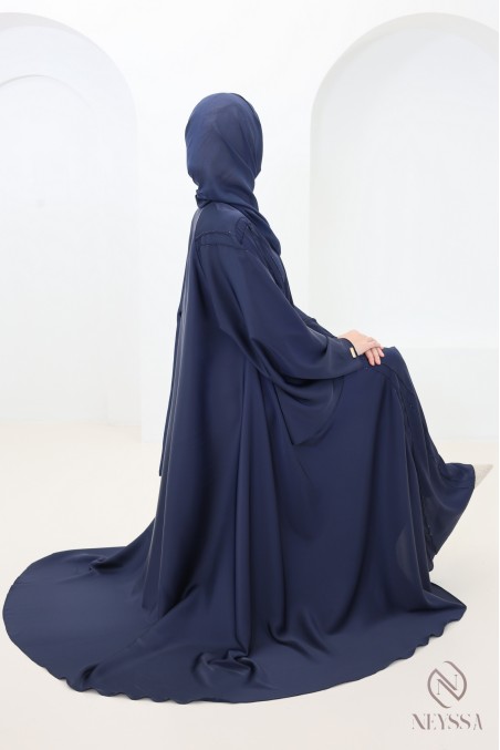 Abaya Dubaï de luxe coupe évasée, bleu nuit avec strass pour l'Aïd