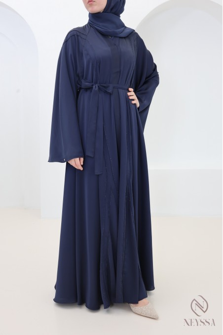 Luxury Dubai abaya with flared cut, bleue with rhinestones for Eid