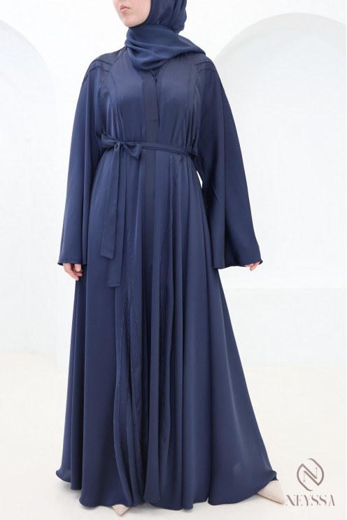 Abaya Dubaï de luxe coupe évasée, bleu nuit avec strass pour l'Aïd