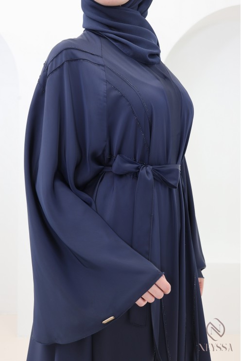 Luxury Dubai abaya with flared cut, bleue with rhinestones for Eid