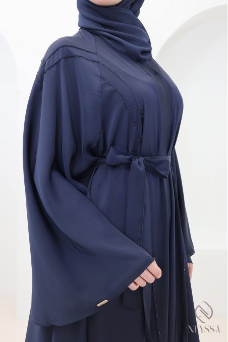 Abaya Dubaï de luxe coupe évasée, bleu nuit avec strass pour l'Aïd