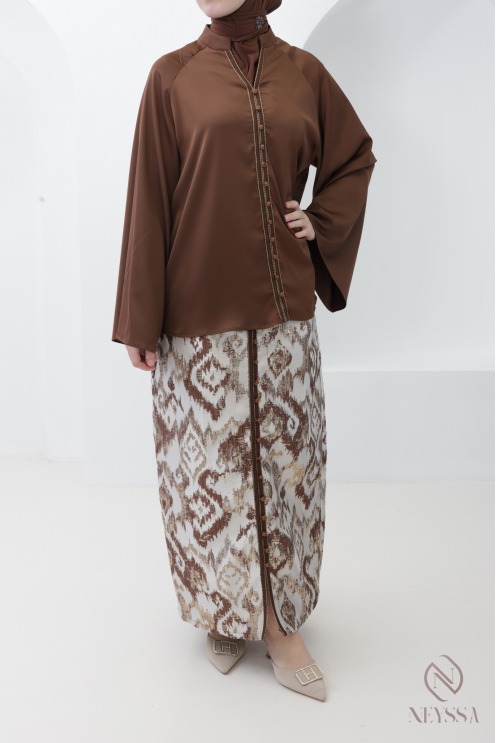 Ensemble jupe brocart avec tunique sfifa chocolat femme voilée
