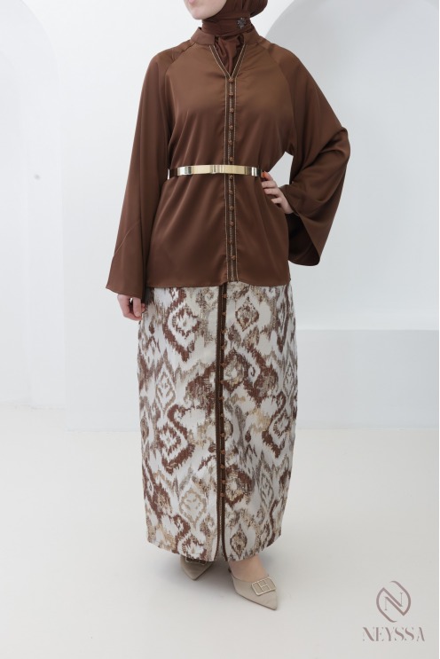 Women's chocolate brown sfifa tunic and brocade skirt set
