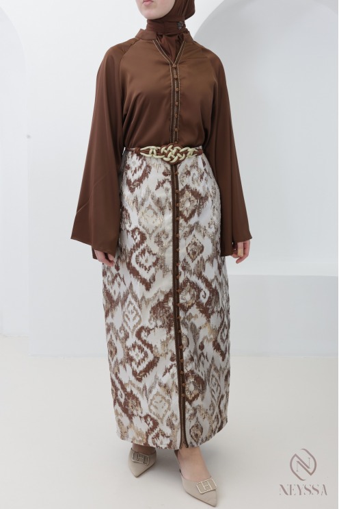 Ensemble jupe brocart avec tunique sfifa chocolat femme voilée