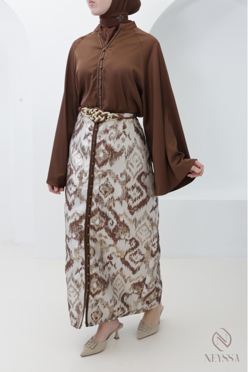 Women's chocolate brown sfifa tunic and brocade skirt set
