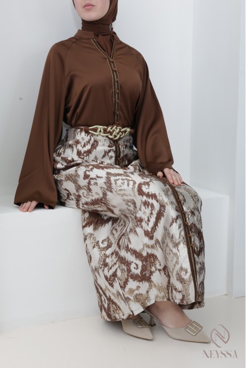 Women's chocolate brown sfifa tunic and brocade skirt set