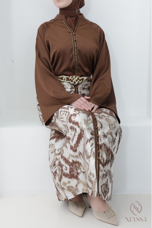 Ensemble jupe brocart avec tunique sfifa chocolat femme voilée