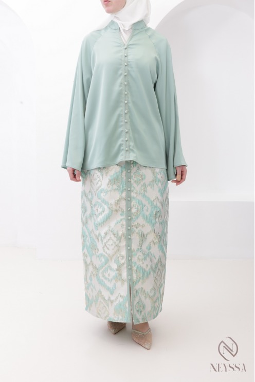 Ensemble Aïd femme vert d’eau jupe droite en brocart et tunique sfifa