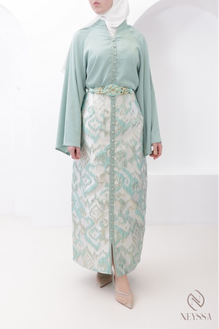 Ensemble Aïd femme vert d’eau jupe droite en brocart et tunique sfifa