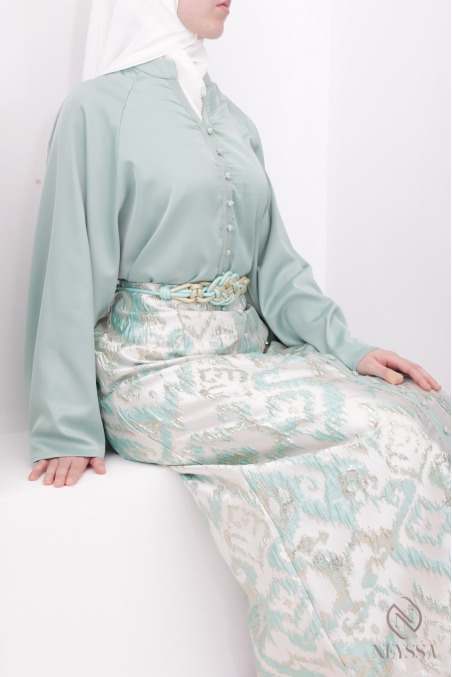 Ensemble Aïd femme vert d’eau jupe droite en brocart et tunique sfifa