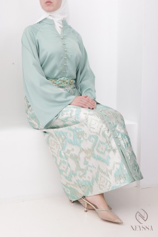 Ensemble Aïd femme vert d’eau jupe droite en brocart et tunique sfifa 2
