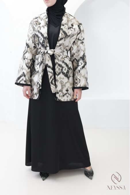 Ensemble robe longue + kimono brocart femme tenue Aïd hijabi