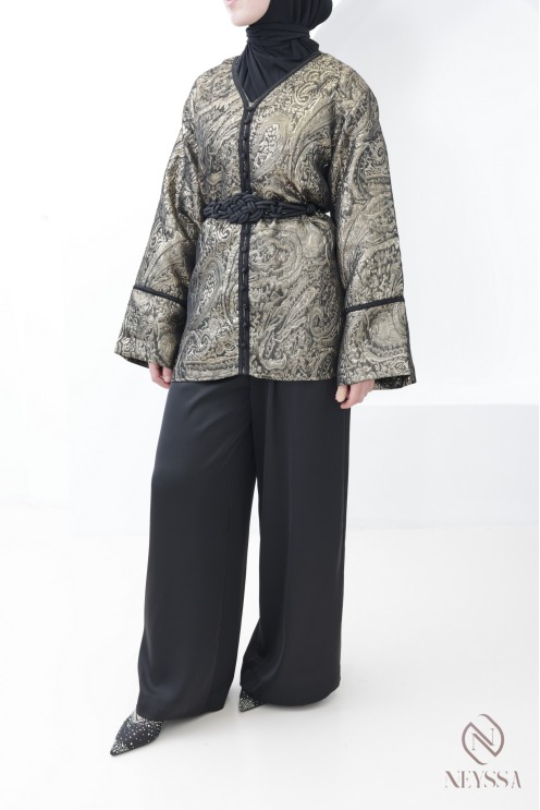 Schwarzes Brokat-Kleid für Damen, Eid-Outfit für Damen