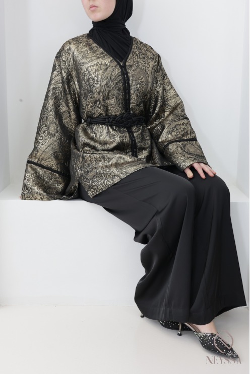 Ensemble tunique en brocard noir pour femme, tenue Aïd femme