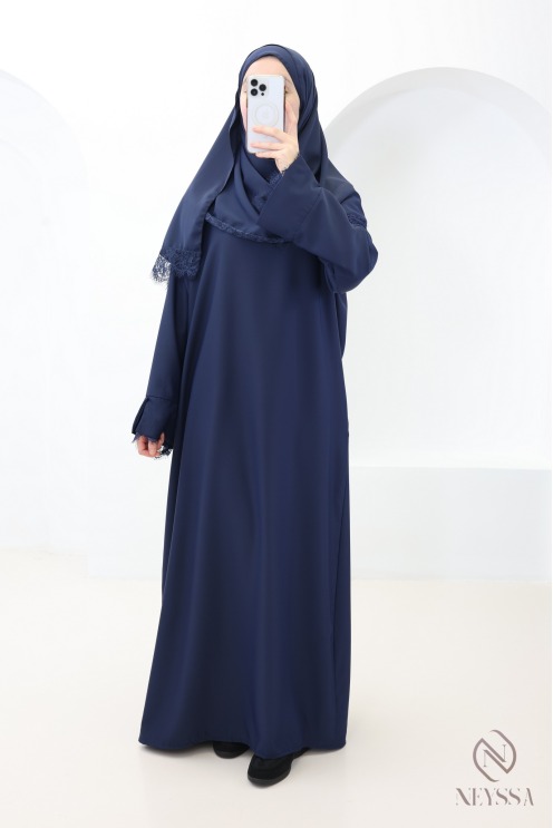 Ensemble 2 pièces Abaya + Hijab en Soie de Médine avec Dentelles