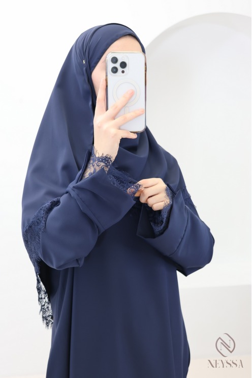 2-teiliges Set aus Abaya + Hijab aus Medina-Seide mit Spitze