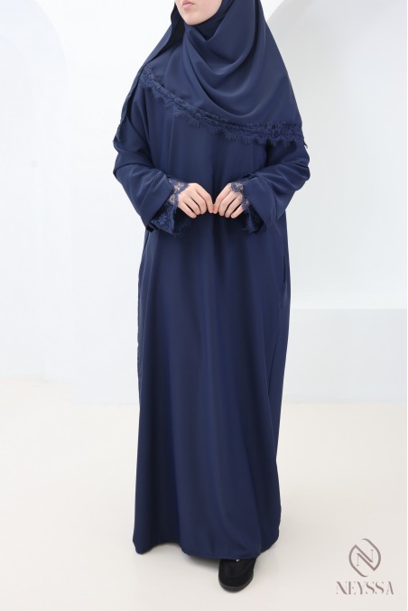2-teiliges Set aus Abaya + Hijab aus Medina-Seide mit Spitze