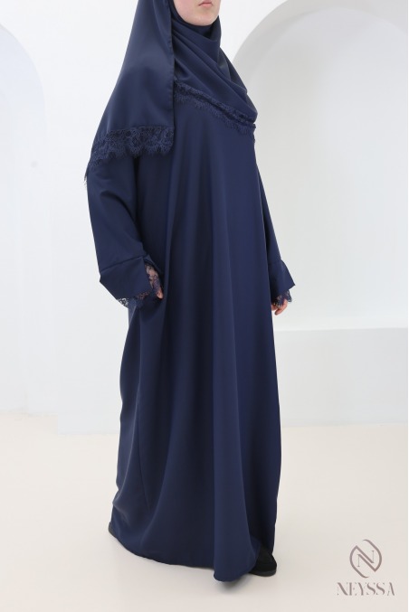 Ensemble 2 pièces Abaya + Hijab en Soie de Médine avec Dentelles