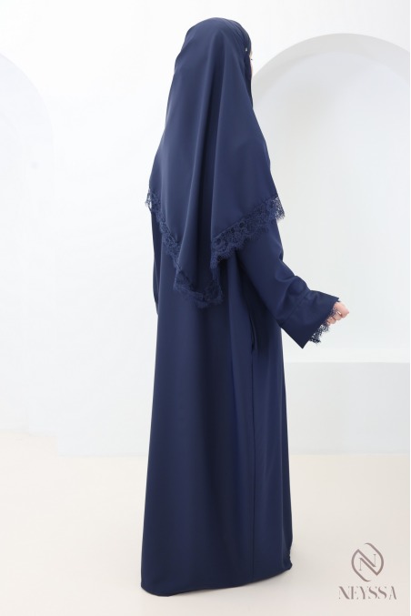 Ensemble 2 pièces Abaya + Hijab en Soie de Médine avec Dentelles