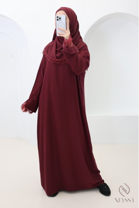 Ensemble 2 pièces Abaya + Hijab en Soie de Médine avec Dentelles