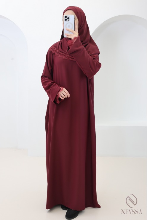 Ensemble 2 pièces Abaya + Hijab en Soie de Médine avec Dentelles