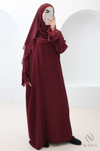 Ensemble 2 pièces Abaya + Hijab en Soie de Médine avec Dentelles
