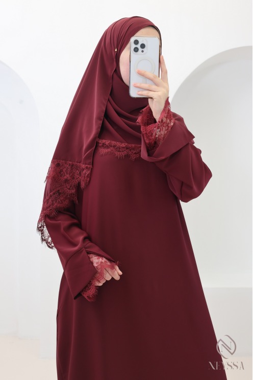 2-teiliges Set aus Abaya + Hijab aus Medina-Seide mit Spitze